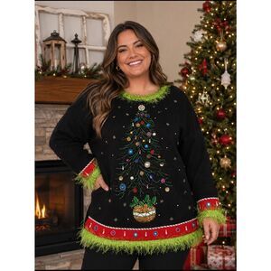 BP Designs XL Beaded Christmas Tree Sweater Holiday Vintage 90’s black green 3D